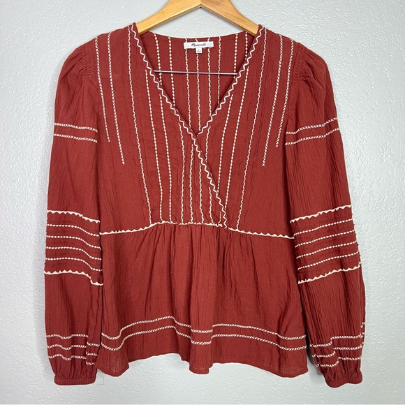 Madewell Embroidered Faux-Wrap Top Women's Size S Surplice Neckline Long sleeves - Picture 10 of 11